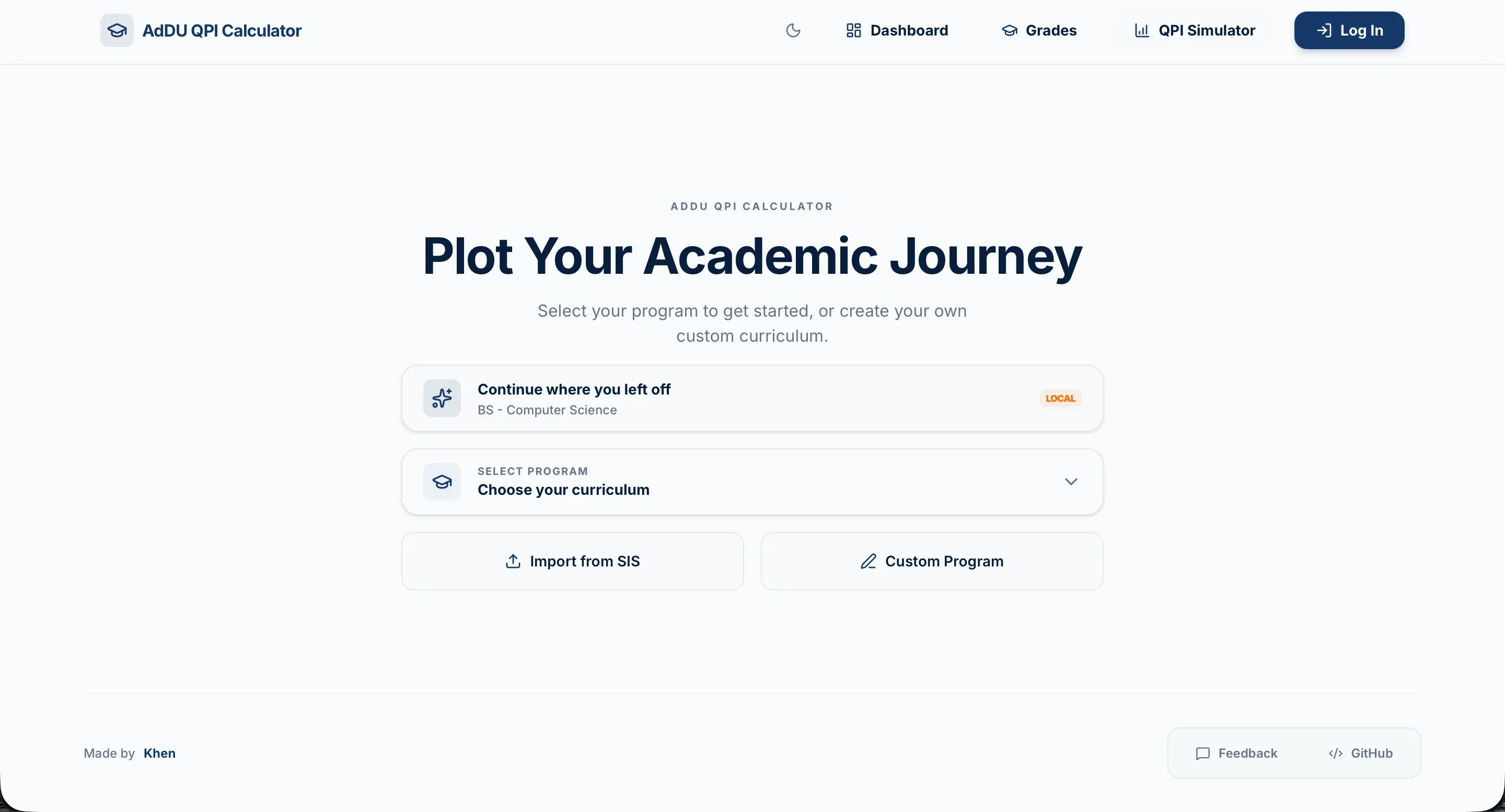 AdDU QPI Simulator dashboard showing academic progress and QPI planning