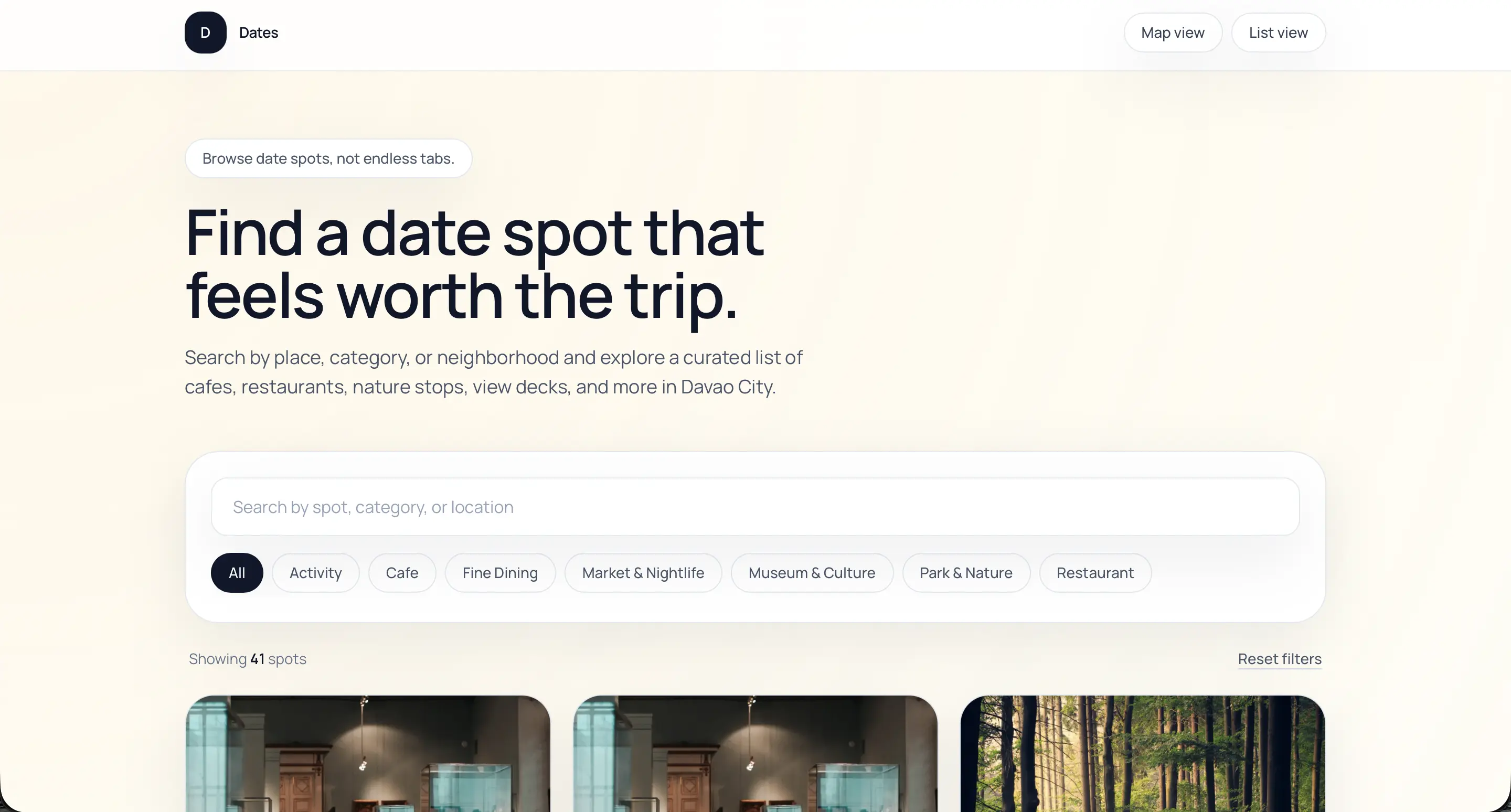 Dates map showing recommended date destinations